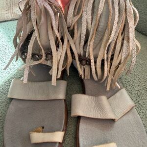 Free People Fringe Leather Sandals - Gray